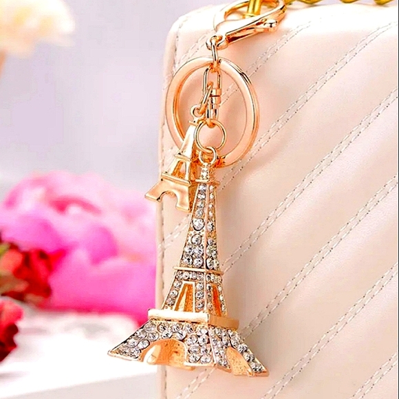 RHINESTONE DOUBLE EFFLE TOWER PURSE CHARM OR KEYRING GOLD HARDWARE UNBRANDED - Picture 3 of 9